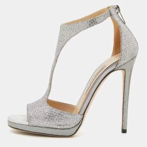 Jimmy Choo Metallic Silver Coarse Glitter Lana T-Strap Sandals Size 39