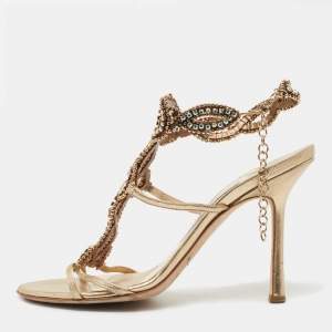 Pre Owned Jimmy Choo Metallic Gold Leather Ankle Strap Sandals Size 37
