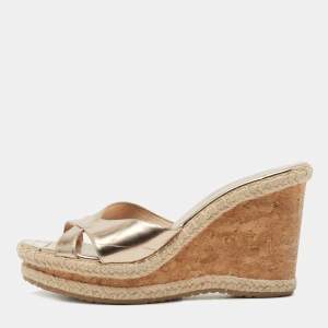 Pre Owned Jimmy Choo Gold Leather Prima Wedge Sandals Size 40