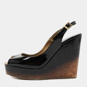 Jimmy Choo Black Patent Leather Slingback Wedge Pumps Size 37
