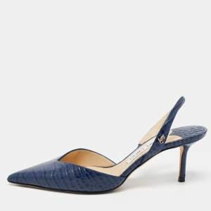 Pre Owned Jimmy Choo Navy Blue Croc Embossed Leather Slingback Pumps Size 37.5  