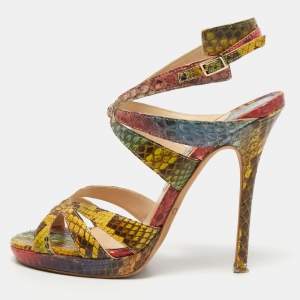 Pre Owned Jimmy Choo Multicolor Python Embossed Leather Ankle Straps Open Toe Sandals Size 37