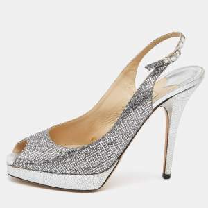 Pre Owned Jimmy Choo Metallic Silver Coarse Glitter Platform Slingback Pumps Size 38