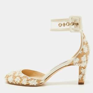 Pre Owned Jimmy Choo Beige/White Floral Woven Raffia and PVC Magic Ankle Strap Pumps Size 37