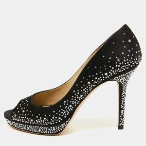 Pre Owned Jimmy Choo Black Satin Crystal Embellished Dali Peep Toe Pumps Size 38