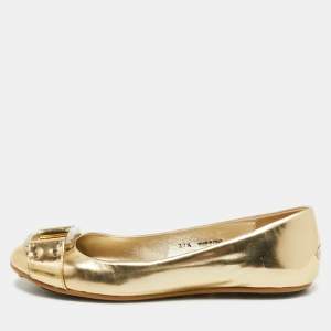 Pre Owned Jimmy Choo Gold Leather Buckle Ballet Flats Size 37.5