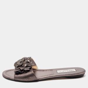 Pre Owned Jimmy Choo Metallic Bronze Leather Neave Floral Applique Slides 38.5