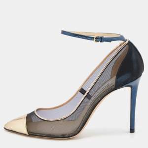 Pre Owned Jimmy Choo Black/Gold Mesh and Leather Tower Ankle Strap Pumps Size 38.5