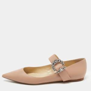 Jimmy Choo Beige Leather Crystal Embellished Mary Jane Ballet Flats Size 39