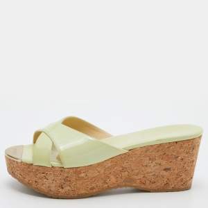 Pre Owned Jimmy Choo Lime Green Patent Leather Cork Prima Platform Wedge Sandals Size 39.5