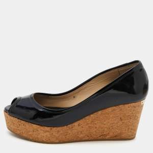 Pre Owned Jimmy Choo Black Patent Leather Parley Peep Toe Cork Platform Wedge Pumps Size 38.5