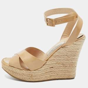 Pre Owned Jimmy Choo Beige Patent Leather Pallis Espadrille Wedge Sandals Size 39