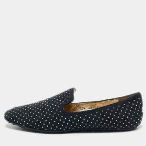 Jimmy Choo Navy Blue Suede Studded Loafers Size 37.5
