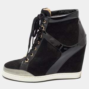 Jimmy Choo Black Suede and Patent Leather Panama Wedge Sneakers Size 39