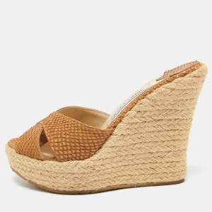 Jimmy Choo Brown Holographic Python Embossed Phyllis Espadrilles Wedges Slides Size 38