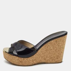 Pre Owned Jimmy Choo Black Patent Leather Prima Cork Wedge Sandals Size 39