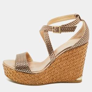 Pre Owned Jimmy Choo Metallic Gold/Brown Leather Wedge Ankle Strap Sandals Size 41