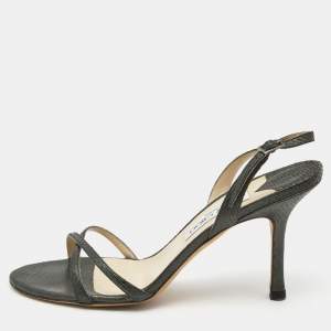 Pre Owned Jimmy Choo Metallic Grey Embossed Snakeskin Jag Cross Slingback Sandals Size 40