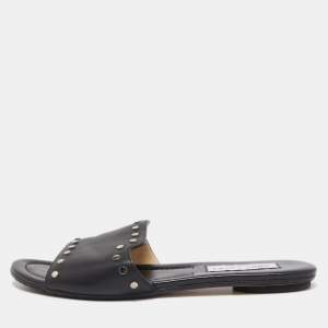 Pre Owned Jimmy Choo Black Leather Studded Nanda Flat Slides Size 38.5