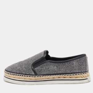 Pre Owned Jimmy Choo Silver/Black Lurex Fabric Dawn Espadrille Flats Size 38