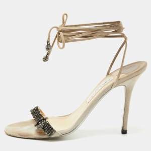 Pre Owned Jimmy Choo Grey Suede Crystal Embellished Ankle Wrap Sandals Size 40