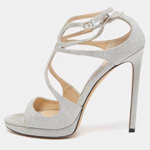 Pre Owned Jimmy Choo Silver Glitter Lance Platform Sandals Size 39
