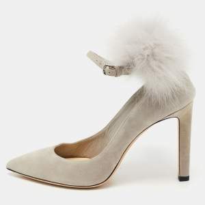 Pre Owned Jimmy Choo Grey Leather And Fur South Pom Pom Pointed Toe Pumps Size 39