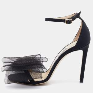 Pre Owned Jimmy Choo Black Grosgrain and Mesh Bow Aveline Sandals Size 37