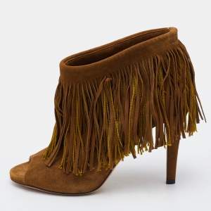 Pre Owned Jimmy Choo Brown Suede Fringe Peep-Toe Booties Size 36