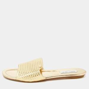 Pre Owned Jimmy Choo Gold Leather Nanda Flat Slides Size 42