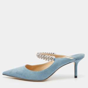 Pre Owned Jimmy Choo Blue Suede Bing Crystal Embellished Pointed Toe Mules Size 36