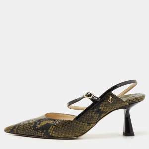Pre Owned Jimmy Choo Green/Black Python Embossed Leather Slingback Pumps Size 37   