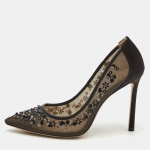 Pre Owned Jimmy Choo Black Mesh and Satin Romy Embellished Pumps Size 36