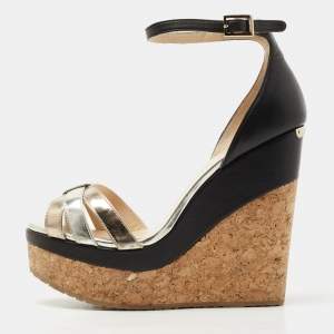 Pre Owned Jimmy Choo Metallic/Black Leather Cork Wedge Ankle Strap Sandals Size 37.5