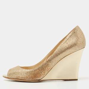 Pre Owned Jimmy Choo Metallic Gold Glitter Evelyn Peep Toe Pumps Size 38.5