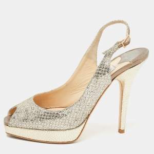 Pre Owned Jimmy Choo Silver/Gold Glitter Clue Slingback Pumps Size 36