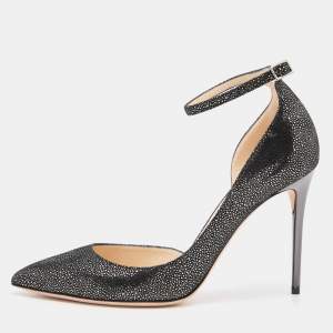Pre Owned Jimmy Choo Black/Silver Suede Lucy Ankle Strap Pointed Toe Pumps Size 37