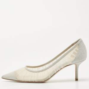 Pre Owned Jimmy Choo Silver Mesh Glitter and Mesh Love Pumps Size 36