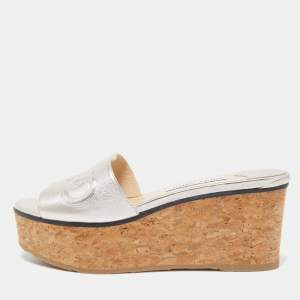 Pre Owned Jimmy Choo Silver Leather Logo Embossed Deedee Cork Platform Wedge Sandals Size 38