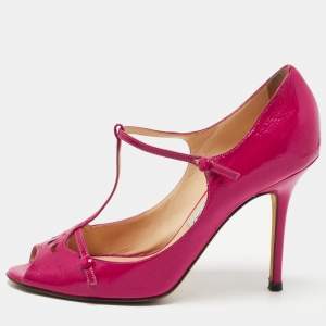 Pre Owned Jimmy Choo Pink Patent Leather T-Strap Peep Toe Pumps Size 39