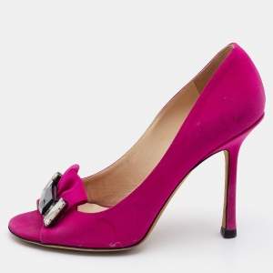 Jimmy Choo Pink Satin Crystal Embellished Peep Toe Pumps 36.5