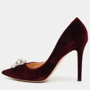 Pre Owned Jimmy Choo Burgundy Velvet Manda Crystal Embellished Pointed Toe Pumps Size 38