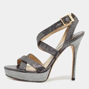 Pre Owned Jimmy Choo Metallic Grey Glitter Vamp Platform Sandals Size 39