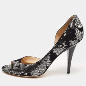 Pre Owned Jimmy Choo Black/Silver Suede and Fabric Open Toe Pumps 38.5