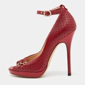Pre Owned Jimmy Choo Red Perforated Leather Peep Toe Pumps Size 35