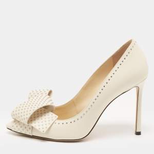 Pre Owned Jimmy Choo Cream Leather Studded Bow Tegan Pumps Size 38