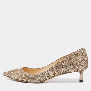 Pre Owned Jimmy Choo Gold Coarse Glitter Romy Pumps Size 38