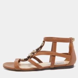 Jimmy Choo Brown Leather Crystal Embellished Caged Flat Sandals Size 37