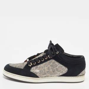 Pre Owned Jimmy Choo Black Suede and Glitter Miami Low Top Sneakers Size 39