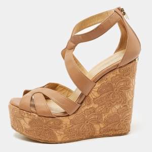 Pre Owned Jimmy Choo Brown Leather Parrow Cork Lace Wedge Sandals Size 40